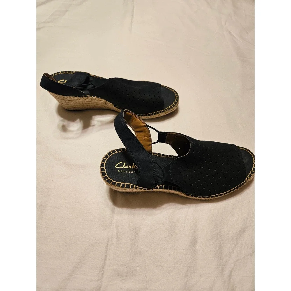 Clarks Women's Navy‎ Blue Suede Perforated Espadrille Wedge Sandals Slingback 9M
